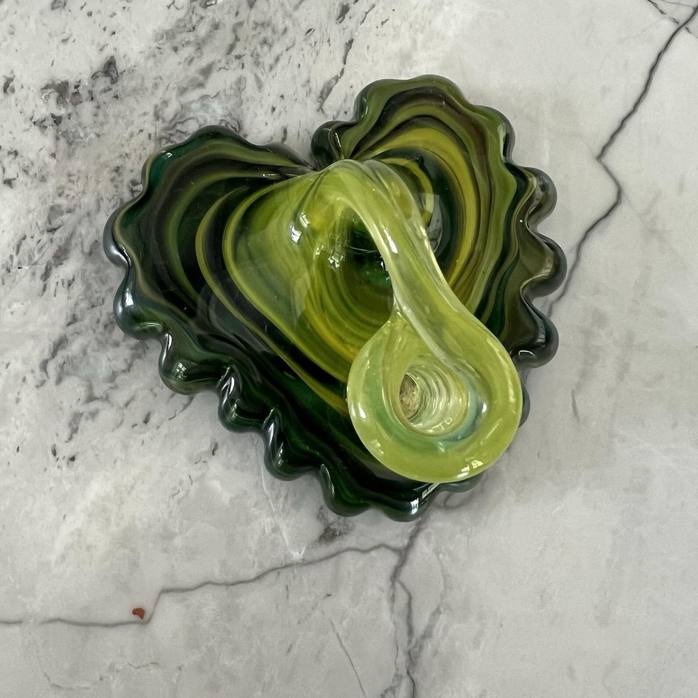 Handblown Glass Paperweight w/ Pen Holder, Green Swirl Glossy Glaze, Heart Shape